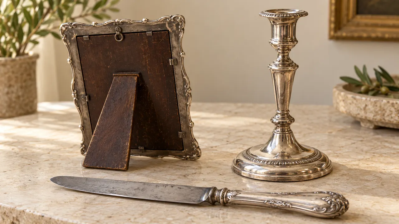 Retro in legno di una cornice, candeliere e coltello con componenti di materiali diversi, illustrazione