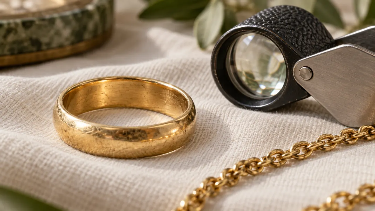 Anello in oro e lente per esaminare il titolo, immagine illustrativa