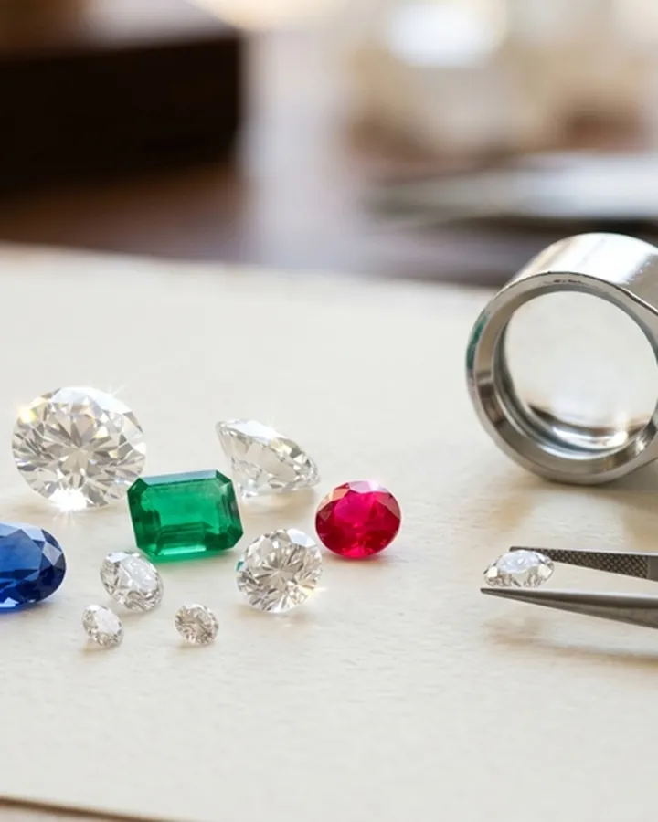 Diamanti e gemme colorate con lente da gemmologo